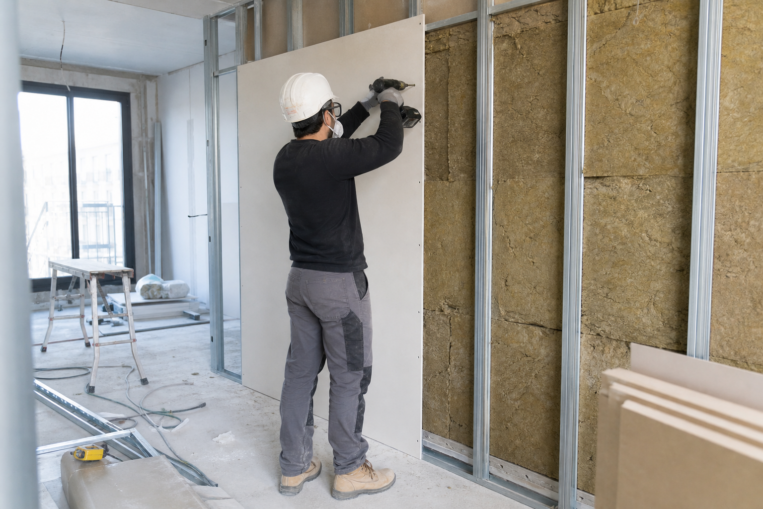 Le plaquiste aménage les espaces intérieurs du bâtiment
